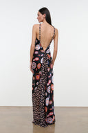 Silk halter maxi dress with open back and multicolor circular paisley print