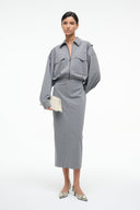 Grey midi shirt dress with zip front, flap pockets, long sleeves