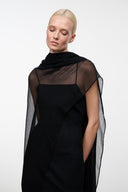 Black sleeveless dress with high back sheer panel and draped neckline layer