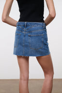BECK vintage wash blue denim mini skirt, back yoke seam, flap pockets, raw hem