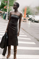 Brown strapless leather midi dress with cinched ruching at waist