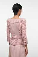 Sandrose pale pink ruched mini top with gathered back ruffle shoulders and draped panel