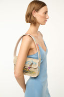 TOMMY beaded shoulder bag with beige glitter fabric and multicolor bird and wave detailing
