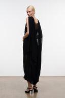 Black long layered dress with sheer side drape and flowing tulle hem
