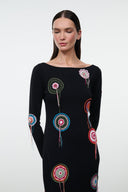Black long-sleeve dress with colorful circular embroidery