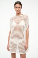 Ivory open-knit coverup dress with orange stripe motif, loose short shift style.