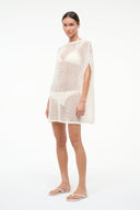 Ivory mesh coverup dress with orange stripe pattern, short loose fit, fringe hem.