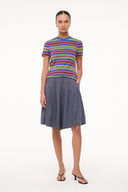 Crew-neck tee with multicolor horizontal stripe pattern and blue neck trim