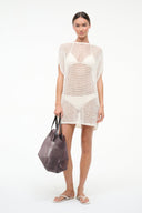 Ivory open-knit coverup dress with orange stripe pattern, short batwing sleeves.