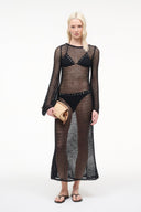 Black mesh maxi dress with long sleeves and V-waist cutout, full length