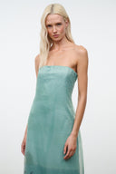 AMARA strapless maxi dress in teal with sheer printed fabric and speckled detail