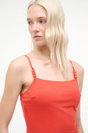Red tankini top with spaghetti straps featuring bead accents