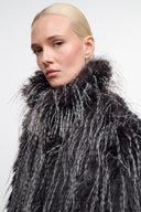 Dark charcoal and gray fur coat collar, shaggy quill texture