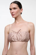 Sandrose silk bandeau top, ruched bust with center tie and thin spaghetti straps