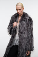 Shaggy fur coat with open front, dark charcoal and gray, long sleeves