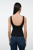 Black sleeveless tank top with thin straps and square back neckline