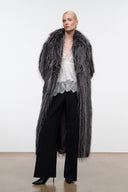 Open long fur coat, dark charcoal and gray, draped shag texture