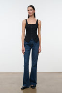 Black sleeveless square-neck tank with button-front detail and curved hem