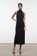 Black sleeveless midi dress with high neck and button-front detail