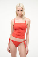 Red ruched-front tankini top with spaghetti straps