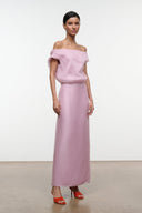 Dusty pink off-shoulder maxi dress with gathered waist and long straight skirt