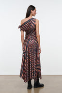 One-shoulder silk dress rear view, black rust and cream geometric pattern, tied strap