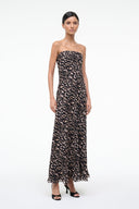 Strapless tortoise silk maxi dress with flowing skirt and animal print