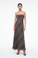 Tortoise silk maxi dress with strapless bandeau and abstract animal print
