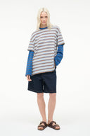 Striped long-sleeve T-shirt with blue crew neck, multicolor horizontal stripes, relaxed fit