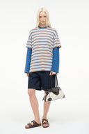 Striped long-sleeve T-shirt with blue collar and layered striped sleeves