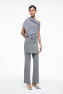 Heather-grey off-shoulder knit sweater with draped detail and short sleeves