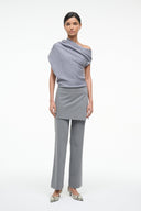 Heather-grey off-shoulder sweater in speckled knit with draped shoulder