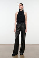 MONAY black halter bodysuit with draped neckline, high neck sleeveless