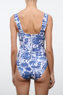 Backless one-piece swimsuit with thin straps and blue toile floral print