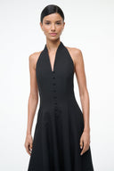 Black halter maxi dress with deep V neckline and small button placket