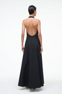 Black halter maxi dress with open back and V-shaped back yoke