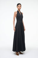 Black halter maxi dress with deep V neckline, fitted bodice, and full skirt