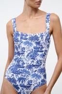 One-piece swimsuit with square neckline and blue toile bird-and-floral pattern