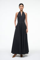 Black halter maxi dress with deep V neckline, button front, and full skirt