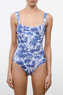 One-piece swimsuit, square neckline, thin straps, blue toile allover print