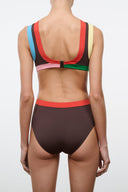 Dark brown one-piece swimsuit with multicolor back straps and V-back