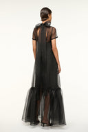 Black back view mesh dress with short sleeves and tiered tulle skirt