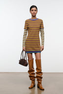 Striped knit mini dress with crew neck and long sleeves, multicolor horizontal bands