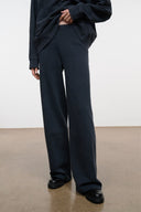 Washed black terry sweatpants, relaxed wide-leg fit with straight hems