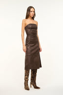 Brown strapless leather midi dress with gathered front panel