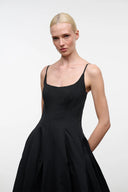 Black maxi dress with spaghetti straps, scoop neckline, gathered A-line skirt
