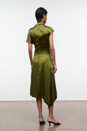 Olive silk dress, back view with draped high neck and asym midi hem