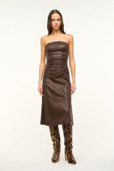Brown strapless leather midi dress with side ruching