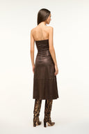 Brown strapless leather midi dress, back view with ruched waist seams