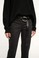 Black leather wrap belt with silver ring buckle and long hanging strap